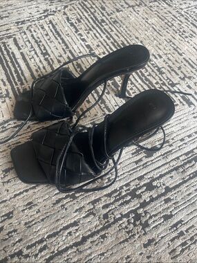 Amazon Black Woven Lace-Up High Heel Mules